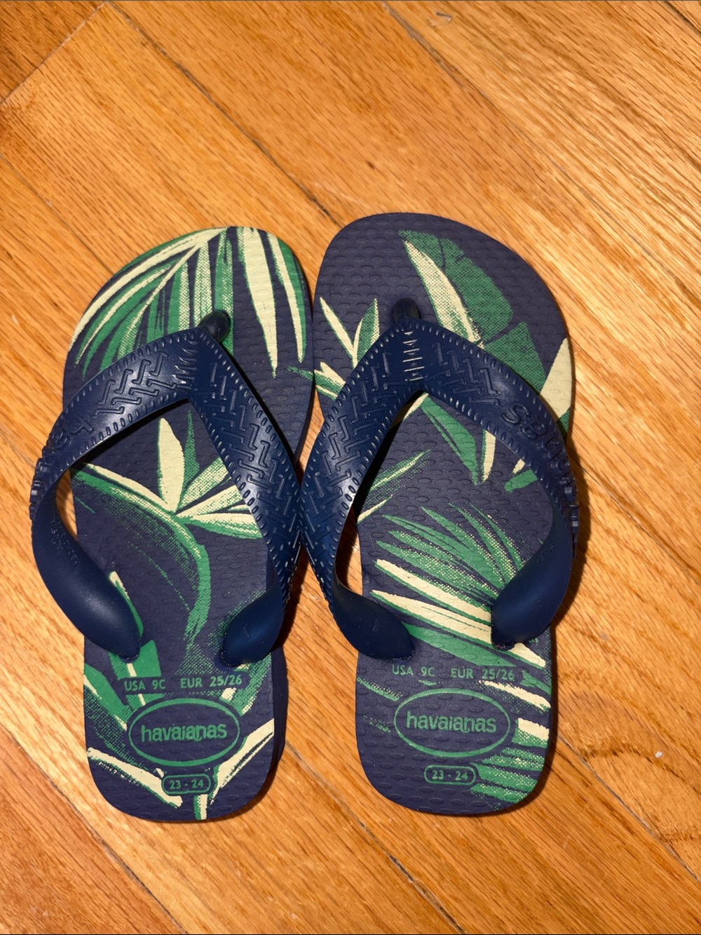 Havaianas Navy Flip Flops with Green Leaf Design